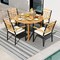 Natural Black Acacia Wood Patio Dining Set 4 Chairs Beige Cushions Round Table